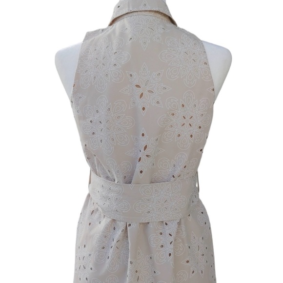 Zara Beige Cutwork Embroidered Sleeveless Belted Cotton Mini Shirt Dress Med NEW - Picture 6 of 12